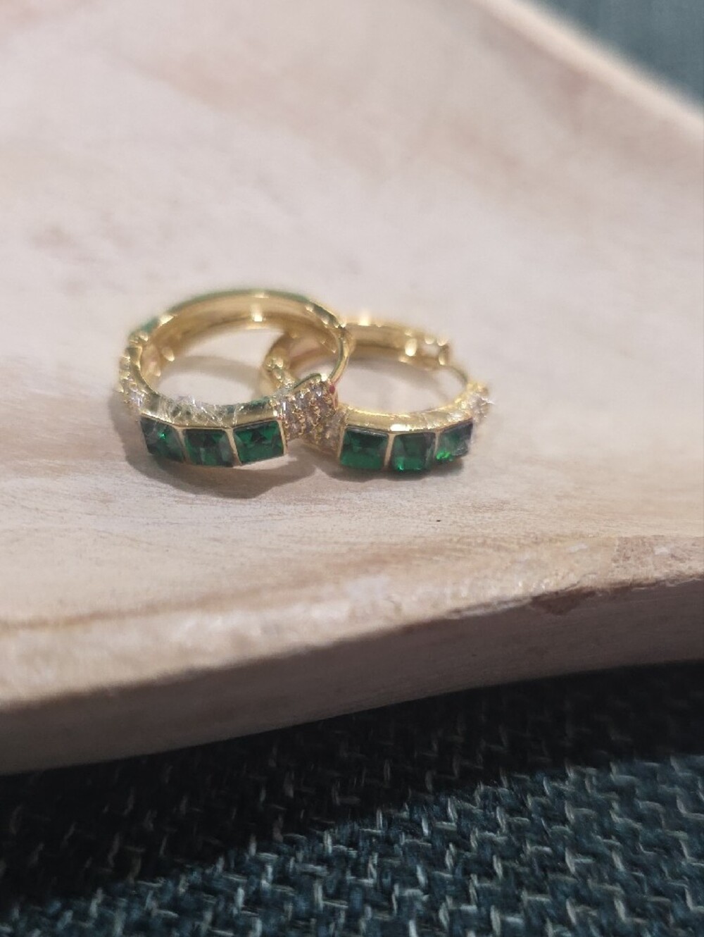 14k Gold Plated Emerald Hoop Earrings - Picture 2 of 3